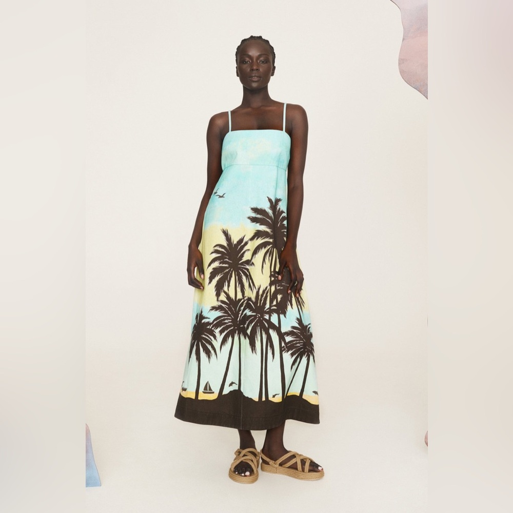 Alemais Sail Away Day Blue and Yellow Palm Tree Midi Dress
